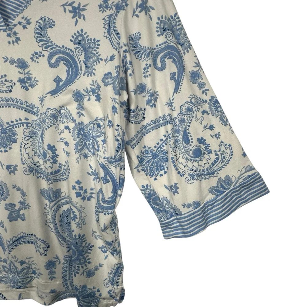 Flora Nikroo Paisley 3/4 Sleeve V Neck Pajama Shirt White Blue Size Medium - Picture 2 of 8